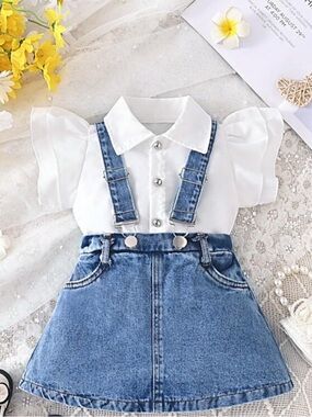 White Puff Sleeve Top with Blue Denim Suspender Skirt